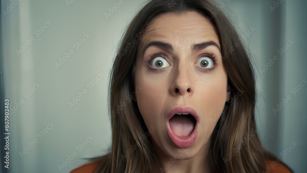 A woman with her mouth wide open, looking surprised. Concept of shock or disbelief A woman with her mouth wide open, looking surprised. Concept of shock or disbelief