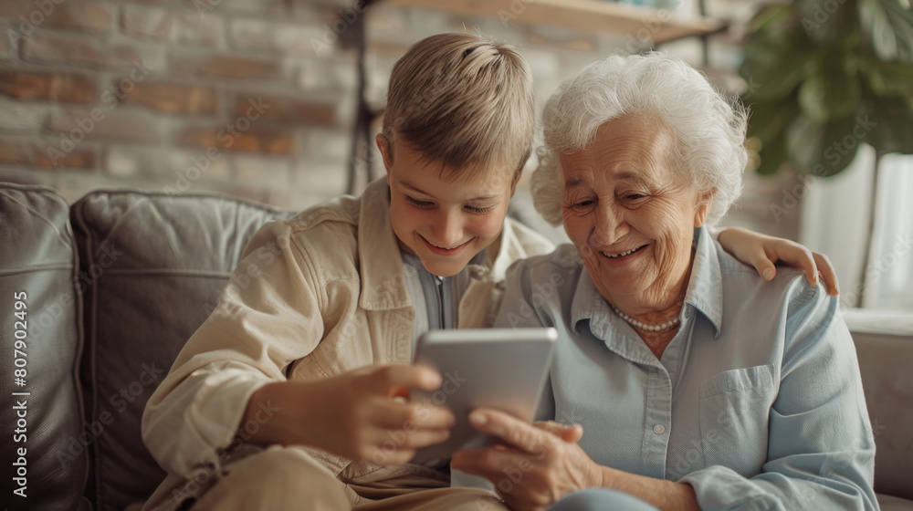 Joyful Grandmother and Grandson Sharing a Moment with a Smartphone Joyful Grandmother and Grandson Sharing a Moment with a Smartphone