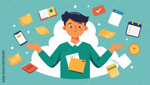 A student surrounded by bills and receipts looking overwhelmed but finding relief and organization by using a budgeting app to keep all their expenses. Vector illustration