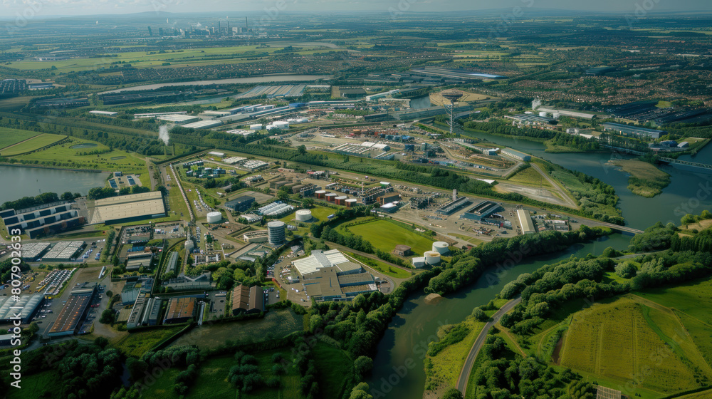 Fototapeta premium a sprawling industrial park, with factories and warehouses nestled among green spaces and waterways, illustrating the integration of industry with the surrounding environment.