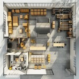 floor plan of a warehouse interior, crates, offices
