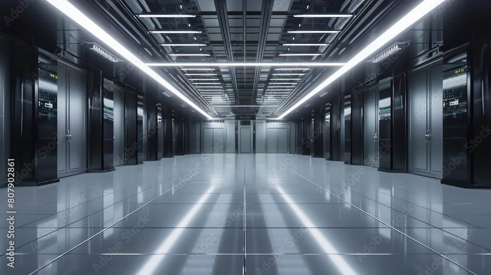 artificial Intelligence data center hardware, shiny reflective floor