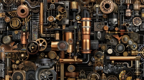 Intricate Steampunk Machinery Backdrop with Vintage Gears and Parts © Oksana Smyshliaeva