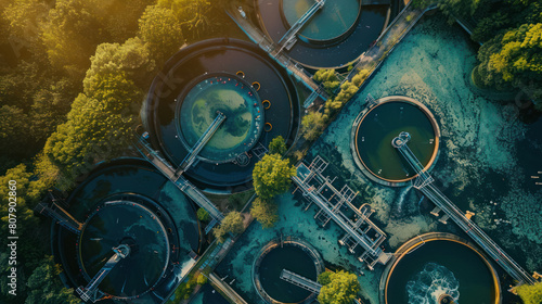 a wastewater treatment plant, with tanks and filtration systems purifying water before it is released back into the environment, demonstrating the importance of environmental stewardship. © NooPaew