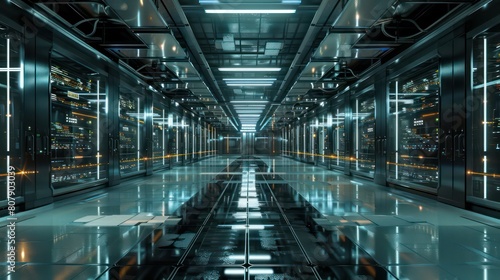 artificial Intelligence data center hardware, shiny reflective floor