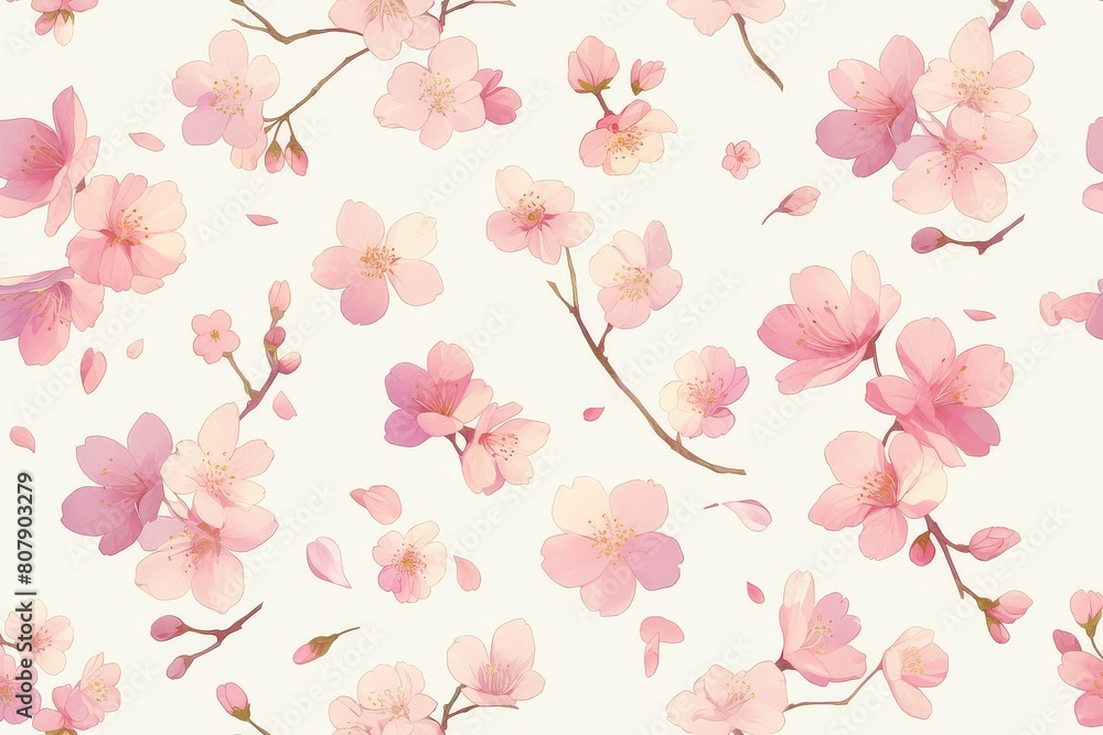 A seamless pattern of delicate cherry blossoms dancing in the wind A seamless pattern of delicate cherry blossoms dancing in the wind