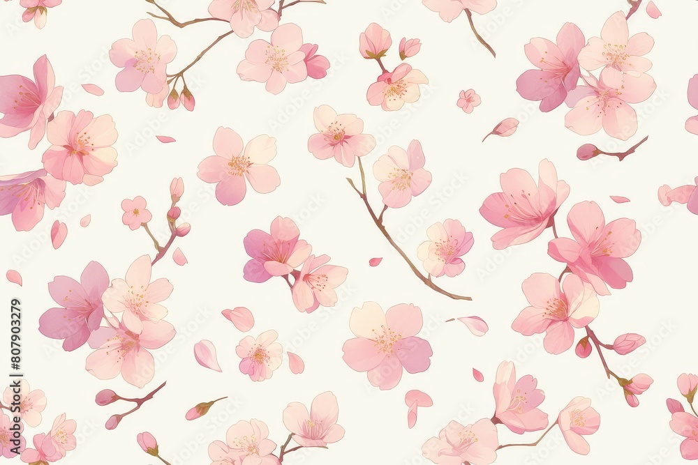 A seamless pattern of delicate cherry blossoms dancing in the wind