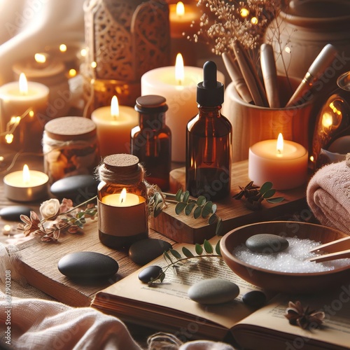 Serene Spa Wellness Scene with Aromatherapy Candles, Massage Oils, and Bath Salts for Ultimate Relaxation