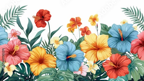 colorful tropical flowers in red  orange  yellow  and blue arranged on a isolated background
