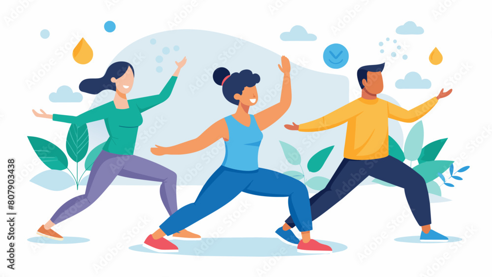 A guided tai chi class using deliberate and mindful movements to improve balance and promote mental clarity.. Vector illustration
