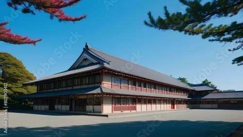 Typical japanese school building exterior view with a red roof and a blue sky in the background. The building has a lot of windows and a courtyard in front of it