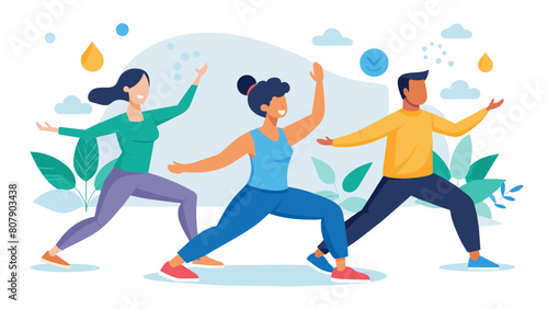 A guided tai chi class using deliberate and mindful movements to improve balance and promote mental clarity.. Vector illustration