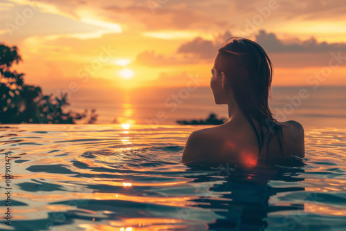 Woman enjoying serene sunset while relaxing in a pool