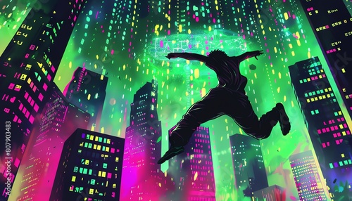 Illustrate an electric krump dancer amidst holographic projections of binary code against a backdrop of neon-lit skyscrapers using dynamic low-angle framing photo
