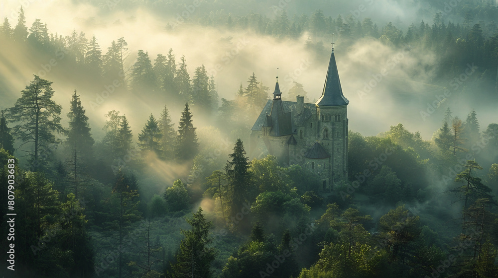 A magical fairy tale castle bathed in morning light in a misty forest.