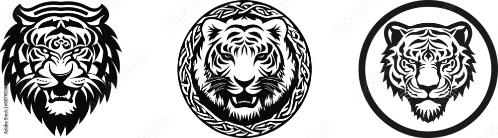 Set of tiger head, wild animal, vector illustration. Set of tiger head, wild animal, vector illustration.