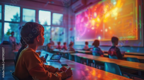An elementary school student in a classroom filled with CGI technology overlays shows how AI can contribute to a personalized learning experience and efficiency with the education system. © เลิศลักษณ์ ทิพชัย