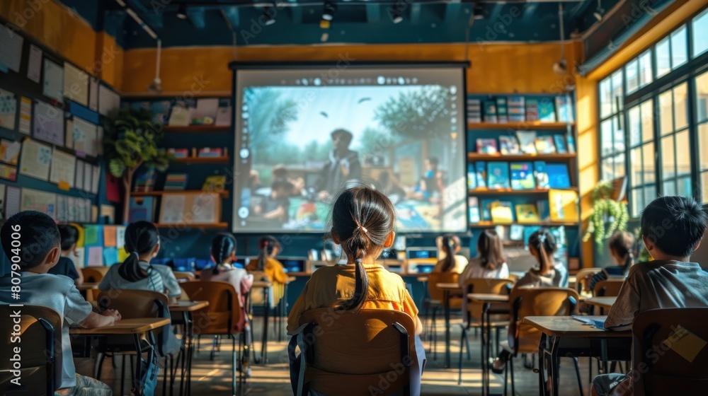 An elementary school student in a classroom filled with CGI technology overlays shows how AI can contribute to a personalized learning experience and efficiency with the education system. An elementary school student in a classroom filled with CGI technology overlays shows how AI can contribute to a personalized learning experience and efficiency with the education system.