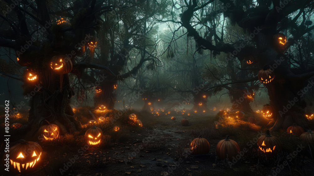 a sinister glade hidden within a haunted forest, where malevolent pumpkins with twisted smiles cast an eerie glow upon the barren landscape, creating an unsettling ambiance of fear and uncertainty. a sinister glade hidden within a haunted forest, where malevolent pumpkins with twisted smiles cast an eerie glow upon the barren landscape, creating an unsettling ambiance of fear and uncertainty.