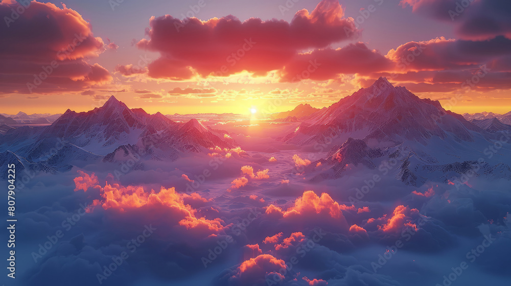 Breathtaking mountain sunrise with vibrant clouds and snow