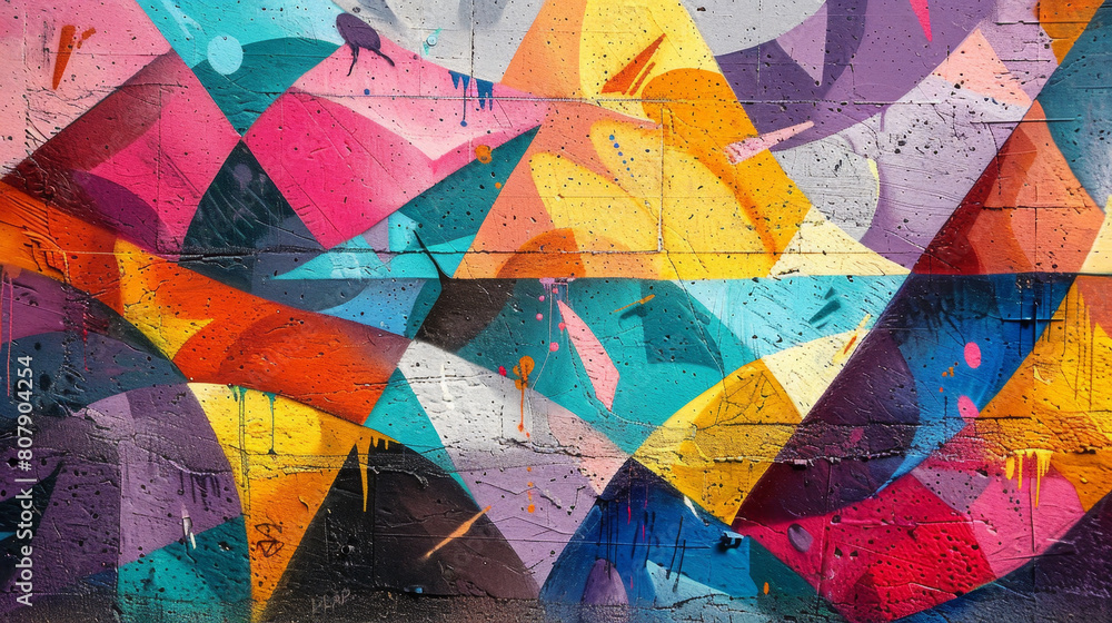 Colorful abstract graffiti on urban wall, vibrant and eye-catching.