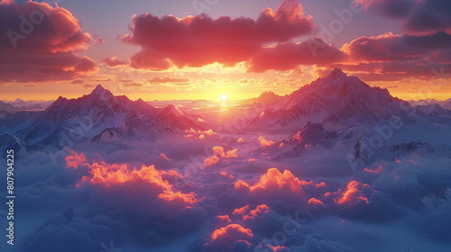 Breathtaking mountain sunrise with vibrant clouds and snow