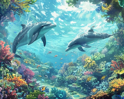 Imagine a world where holographic displays interact with dolphins in their natural habitat Utilize unexpected camera angles to reveal a new dimension of harmonious coexistence