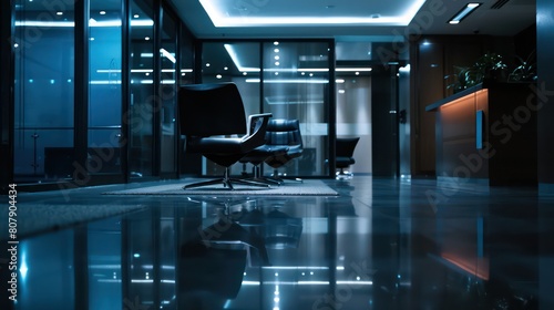 a team in the corporate office, dark wood and glass