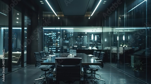 a team in the corporate office, dark wood and glass photo