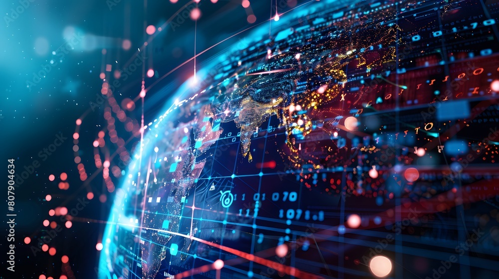 Digital world globe, concept of global network and connectivity on Earth, high speed data transfer and cyber technology, information exchange and international telecommunication Digital world globe, concept of global network and connectivity on Earth, high speed data transfer and cyber technology, information exchange and international telecommunication