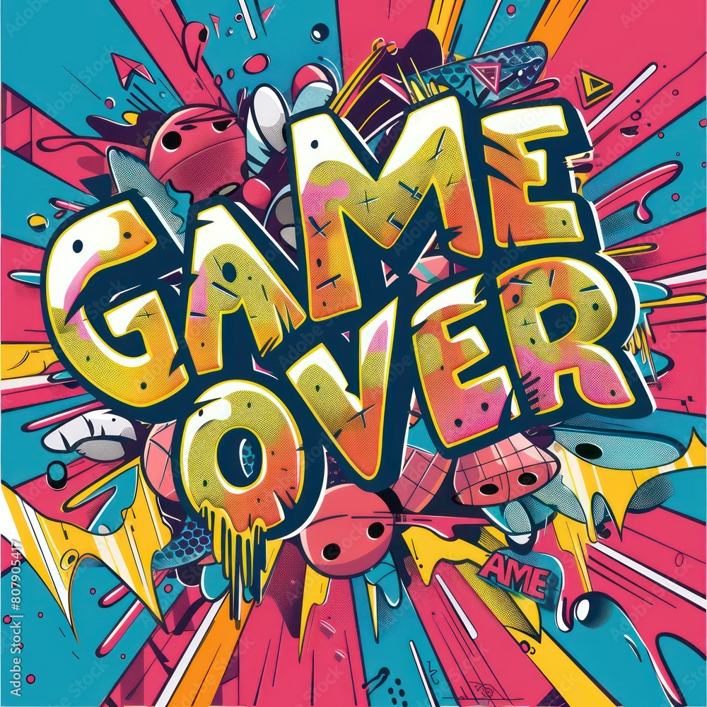 game over retro graphic illustration graffiti, pop art explosion