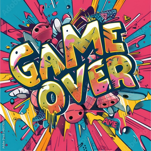 game over retro graphic illustration graffiti, pop art explosion