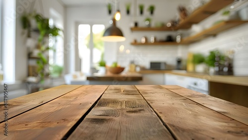 Wallpaper Mural Clean Kitchen Interior with Blurry Background and Empty Wooden Table Top. Concept Kitchen Interior, Blurry Background, Empty Table Top, Wooden Table, Clean and Spacious Torontodigital.ca