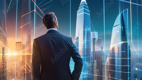 A futuristic cityscape with towering skyscrapers, each representing a different global financial institution, connected by a network of glowing lines and data streams. In the center, a businessman sta photo