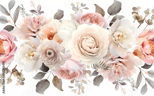 Pale pink camellias, dusty roses, ivory white peonies, blush protea, pink ranunculus, watercolor vector design bouquet photo