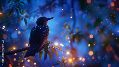 Cute and lovely bird in deep night photo