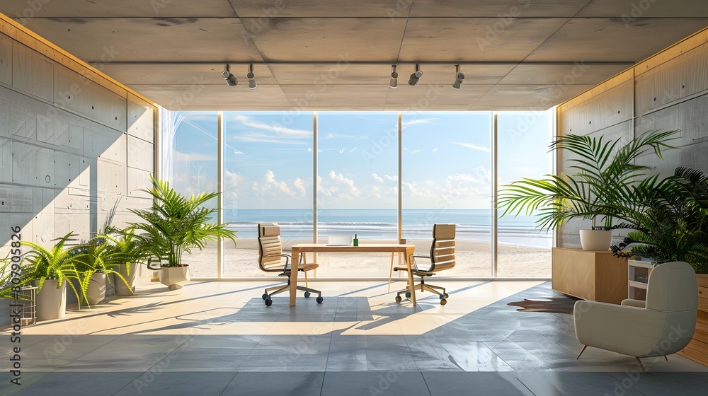 Fototapeta premium Beautiful interior of modern beach house with open office area, white wooden floorboards, large windows overlooking the sea