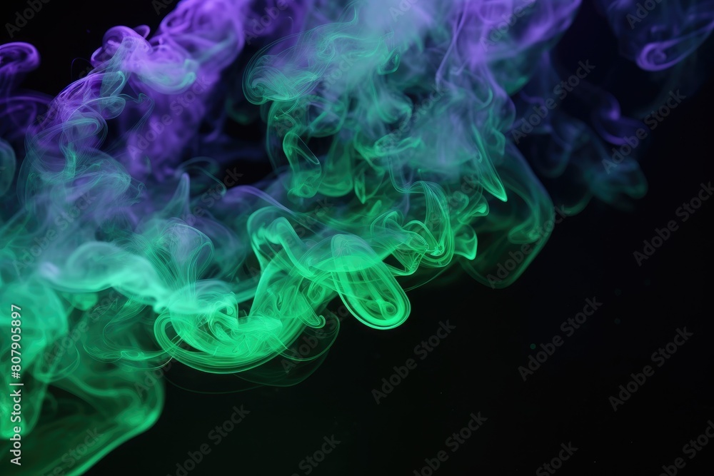 Purple green smoke black background. Color smoke. Water splash. Cosmic stardust.
