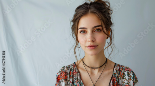Portrait of a female in casual attire on a soft pastel backdrop.