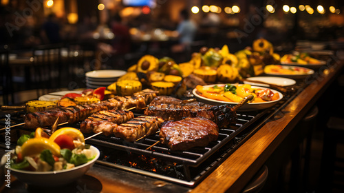 A lively Brazilian churrascaria with skewers of sizzling meat being carved tableside amidst the sounds of samba music, surrounded by vibrant d?(C)cor. photo