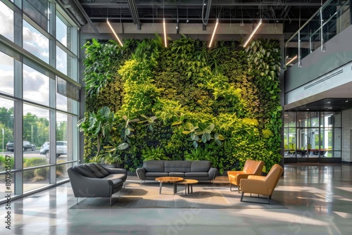 A view of a green wall in an office space adorned with modern couches and chairs  creating a professional and inviting atmosphere for meetings or relaxation