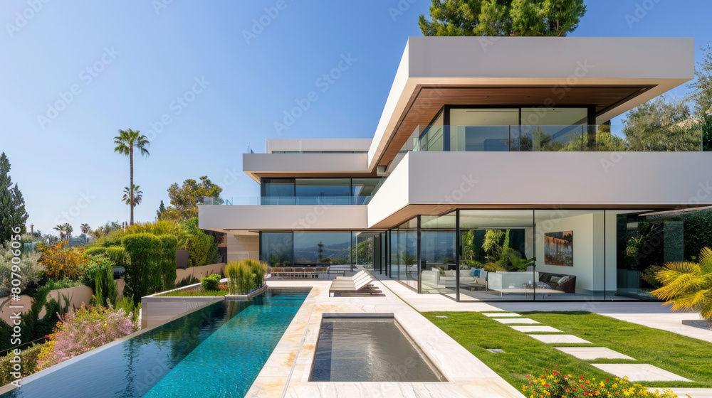 Modern architectural masterpiece with elegant landscaping.