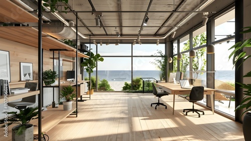 Beautiful interior of modern beach house with open office area, white wooden floorboards, large windows overlooking the sea