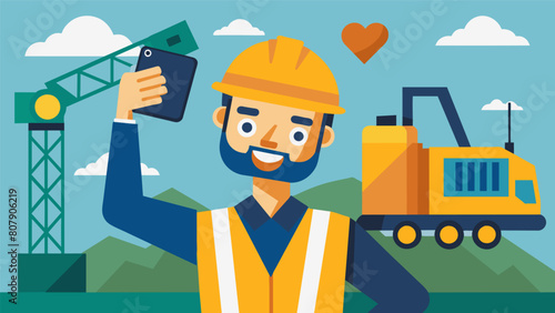 Leaning against a piece of heavy machinery a construction worker takes a selfie showcasing their hard hat covered in stickers from different job. Vector illustration
