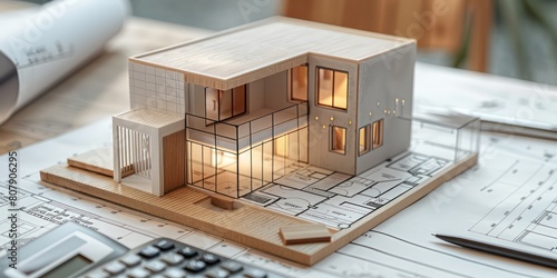 house model on the top of blueprints  calculator