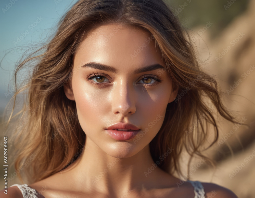 Volto dolce di una donna con capelli lunghi e un'espressione serena.
Volto dolce di una donna con capelli lunghi e un'espressione serena.