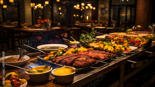 A lively Brazilian churrascaria with skewers of sizzling meat being carved tableside amidst the sounds of samba music, surrounded by vibrant d?(C)cor. photo