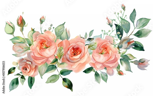 watercolor flower arrangement. flower illustration. composition of pink roses  leaves and buds