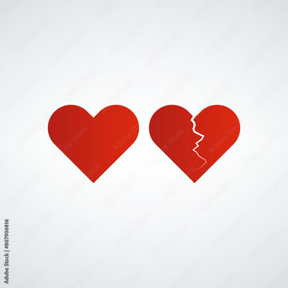 Love red heart and broken heart icons. valentine marriage symbol. Broken heart. Stock vector illustration isolated on white background. Love red heart and broken heart icons. valentine marriage symbol. Broken heart. Stock vector illustration isolated on white background.