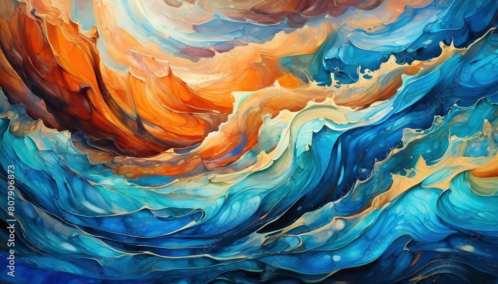 Dreamlike illustration of beautiful sunset on the sea with huge waves and reflections Dreamlike illustration of beautiful sunset on the sea with huge waves and reflections